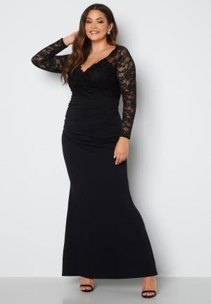 Goddiva Curve Long Sleeve Lace Trim Maxi Dress Black 52 (UK24)