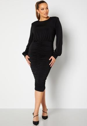 John Zack Curve Long Sleeve Rouched Midi Dress Black 44 (UK16)