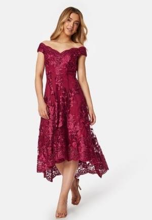 Goddiva Embroidered Lace Dress Wine XXXL (UK18)