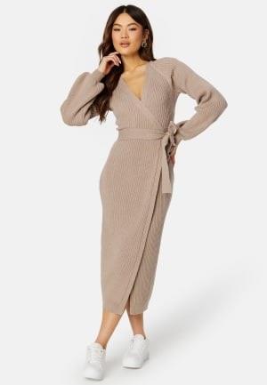 BUBBLEROOM Wrap Rib Knitted Midi Dress  Nougat L