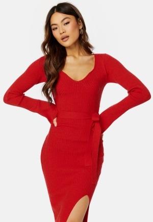 BUBBLEROOM Slit Knitted Midi Dress Red M