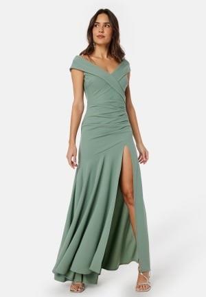 Goddiva Bardot Pleat Maxi Split Dress Dark Sage XXS (UK6)