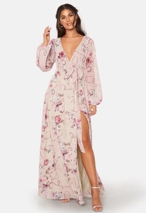 Goddiva Floral Long Sleeve Chiffon Maxi Dress Latte XXS (UK6)