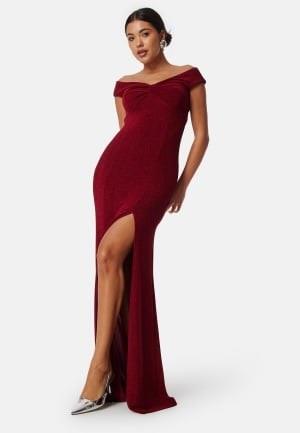 Bubbleroom Occasion Sparkling Twist Off Shoulder Gown Dark red XS