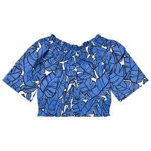 MSGM Blue and White Tropical Print Off The Shoulder Crop Top 4 years