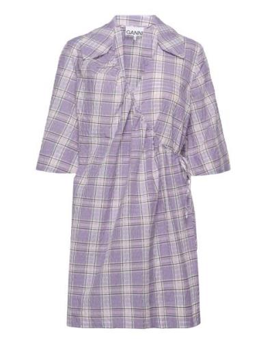 Seersucker Check Mini Wrap Dress Purple Ganni