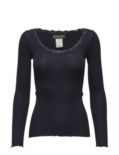 Silk T-Shirt W/ Lace Navy Rosemunde