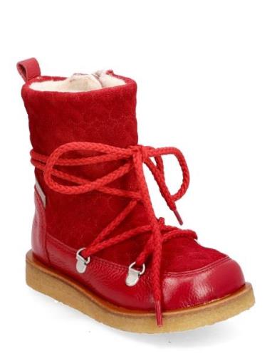 Boots - Flat - With Lace And Zip Red ANGULUS