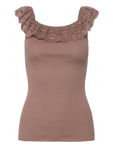 Silk Off Shoulder Top W/ Lace Brown Rosemunde