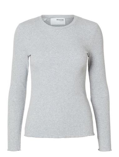 Slfanna Ls Crew Neck Tee S Noos Grey Selected Femme