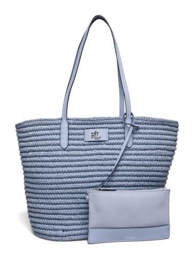 Leather-Trim Straw Large Brie Tote Bag Blue Lauren Ralph Lauren