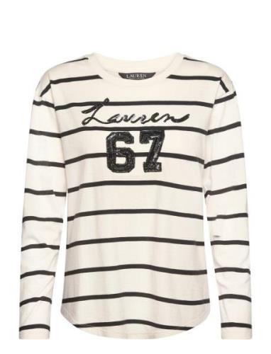 Sequined-Logo Jersey Long-Sleeve Tee Cream Lauren Ralph Lauren