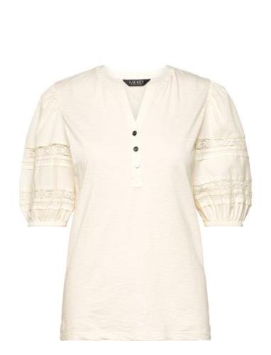 Lace-Trim Jersey Puff-Sleeve Henley Tee Cream Lauren Ralph Lauren