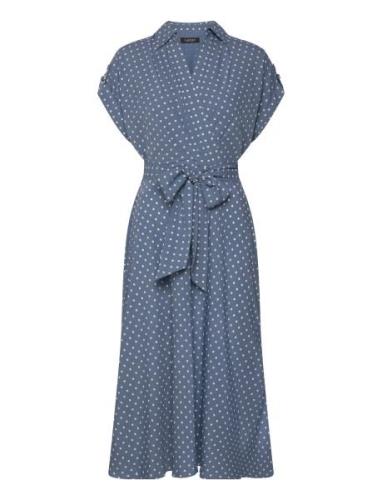 Polka-Dot Belted Crepe Dress Blue Lauren Ralph Lauren