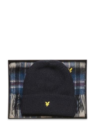 Lambswool Blend Checked Scarf And Beanie Gift Set Navy Lyle & Scott