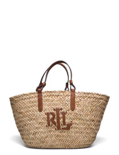 Leather-Trim Straw Medium Shelbie Tote Brown Lauren Ralph Lauren