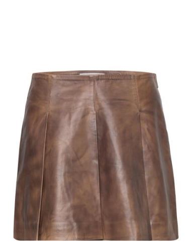Leather Pleated Skirt Lyhyt Hame Brown REMAIN Birger Christensen