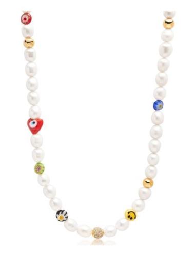Men's Smiley Face Pearl Choker With Assorted Beads Kaulakoru Korut Whi...