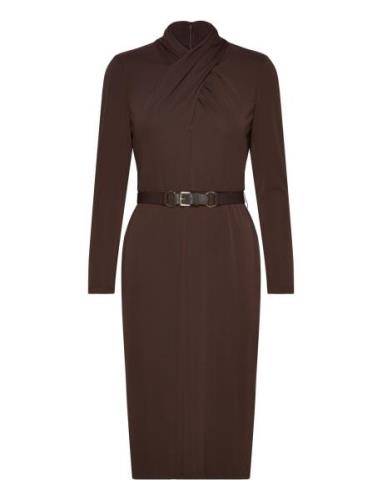 Belted Mockneck Jersey Dress Polvipituinen Mekko Brown Lauren Ralph La...