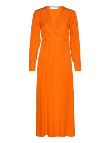 Slfabienne Ls Satin Ankle Wrap Dress B Polvipituinen Mekko Orange Sele...