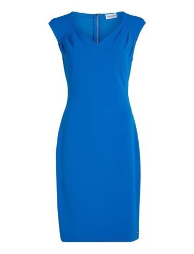 Scuba Crepe V Neck Drape Dress Polvipituinen Mekko Blue Calvin Klein