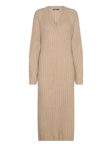 V-Neck Knitted Dress Polvipituinen Mekko Beige Gina Tricot