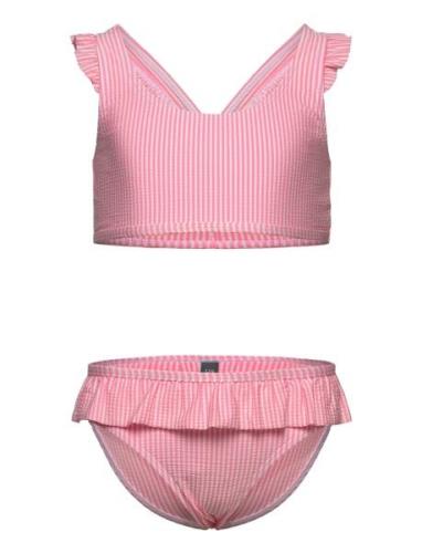 Bikini W. Skirt, Seersucker Bikinit Pink Color Kids