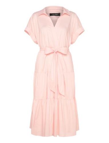 Belted Cotton-Blend Tiered Dress Polvipituinen Mekko Pink Lauren Women