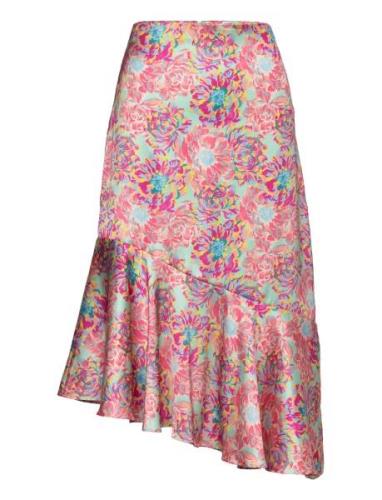 Cissi Printed Midi Satin Skirt Polvipituinen Hame Pink Malina
