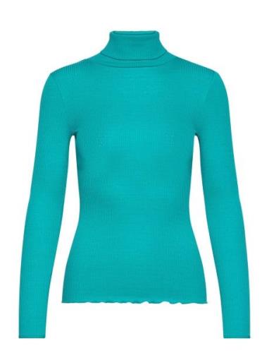 Silk T-Shirt Regular Ls Roller Neck Tops Knitwear Turtleneck Blue Rose...