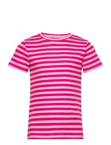 Pkdora Ss O-Neck Rib Top Tops T-shirts Short-sleeved Pink Little Piece...