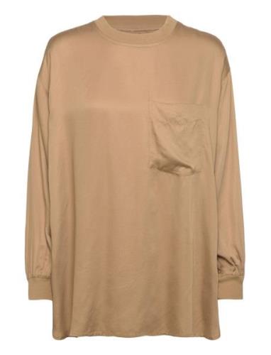 Golden Top Silky Tops Blouses Long-sleeved Beige Moshi Moshi Mind
