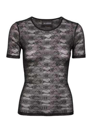 Lace Monogram Short Sleeve Tops T-shirts & Tops Short-sleeved Black HA...