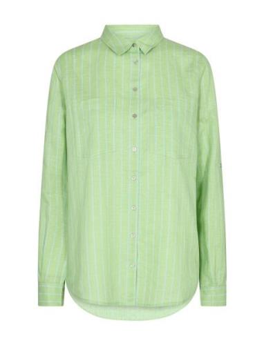 Kaia Stripe Linen Shirt Tops Shirts Long-sleeved Green MOS MOSH