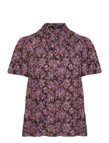 Floral Pleated Georgette Blouse Tops Blouses Short-sleeved Purple Laur...