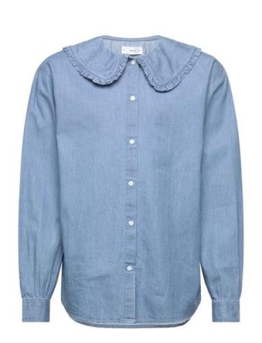 Babydoll Blouse With Denim Neck Tops Shirts Long-sleeved Shirts Blue M...