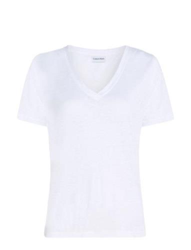 Linen Blend V-Nk Top Ss Tops T-shirts & Tops Short-sleeved White Calvi...