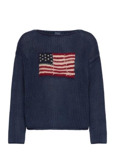 Flag Pointelle Cotton-Linen Sweater Tops Knitwear Jumpers Blue Polo Ra...