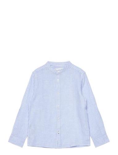 Striped Mandarin-Collar Linen Shirt Tops Shirts Long-sleeved Shirts Bl...