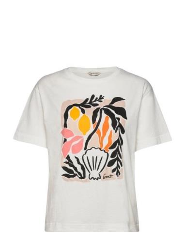 Rel Palm Print Ss T-Shirt Tops T-shirts & Tops Short-sleeved White GAN...