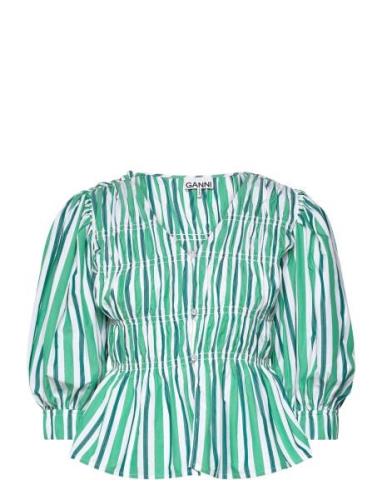 Stripe Cotton Tops Blouses Short-sleeved Green Ganni