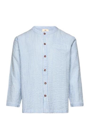 Seersucker Shirt W. Placket Tops Shirts Long-sleeved Shirts Blue Copen...