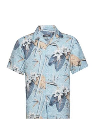 Elio Tropical Print Reg Shirt Tops Shirts Short-sleeved Blue J. Lindeb...
