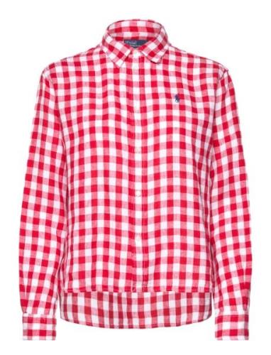 Wide Cropped Gingham Linen Shirt Tops Shirts Long-sleeved Red Polo Ral...
