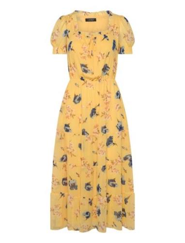 Floral Georgette Puff-Sleeve Midi Dress Polvipituinen Mekko Yellow Lau...