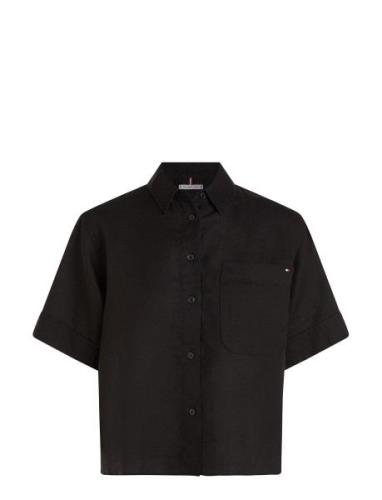 Linen Ss Shirt Tops Shirts Short-sleeved Black Tommy Hilfiger