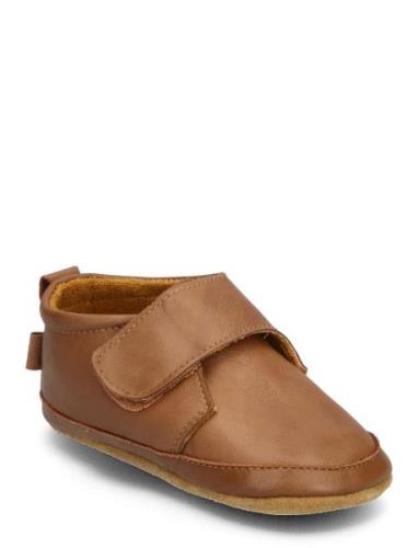 Leather Slippers With Velcro Aamutossut Sisäkengät Brown Melton