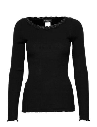 Organic T-Shirt W/Lace Tops T-shirts & Tops Long-sleeved Black Rosemun...