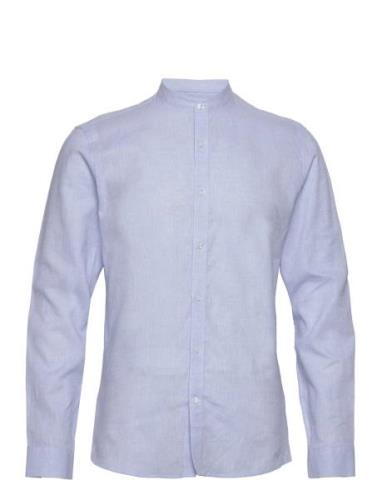 Mandarin Linen Blend Shirt L/S Tops Shirts Casual Blue Lindbergh
