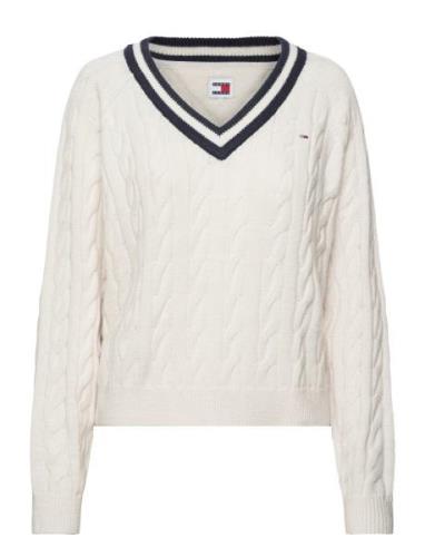 Tjw V-Neck Cable Sweater Tops Knitwear Jumpers White Tommy Jeans